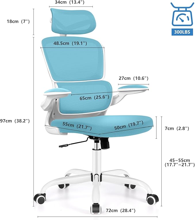 Ergonomic Office Chair, High Back Mesh Desk Chair with Lumbar Support and Adjustable Headrest, Computer Gaming Chair with Flip-up Armrests, Executive Swivel Chair for Home Office (Blue) - LeafyLoom