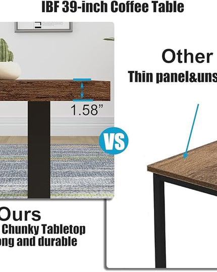 IBF Rustic Coffee Table, Industrial Simple Wooden Living Room Table, Modern Minimalist Farmhouse Rectangle Center Table, Wood and Metal Vintage Tea Coffee Table for Home Bedroom, Rustic Brown, 39 Inch - LeafyLoom