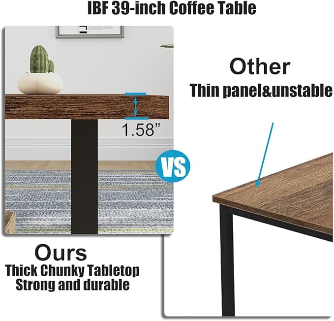 IBF Rustic Coffee Table, Industrial Simple Wooden Living Room Table, Modern Minimalist Farmhouse Rectangle Center Table, Wood and Metal Vintage Tea Coffee Table for Home Bedroom, Rustic Brown, 39 Inch - LeafyLoom