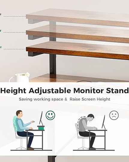 AODK 40 Inch Computer Desk with Adjustable Monitor Stand, Work Writing Desk with Shelves, PC Desk Workstation, Vintage Home Office Desk - LeafyLoom