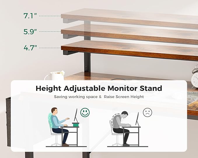AODK 40 Inch Computer Desk with Adjustable Monitor Stand, Work Writing Desk with Shelves, PC Desk Workstation, Vintage Home Office Desk - LeafyLoom