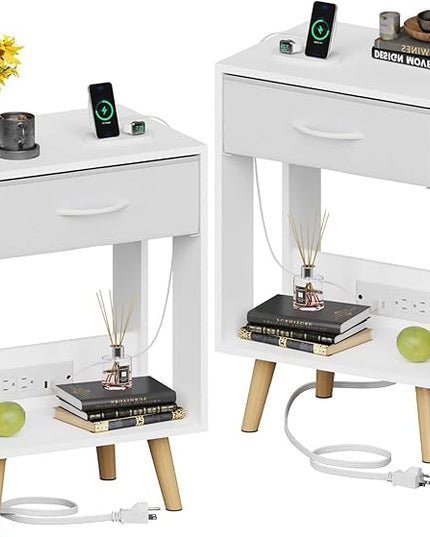 Nightstands Set of 2 with Charging Station and Fabric Drawer, Side Table with Storage for Bedroom, Night Stand with Open Wood Shelf for Bedroom, Bedside Tables - White - LeafyLoom