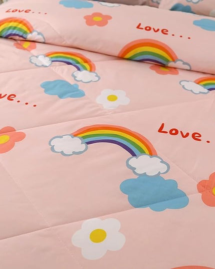 3PCS Rainbow Comforter Set Full, Cute Pink Full Size Flower Cloud and Rainbow Comforter Aesthetics, Super Soft and Comfort Microfiber, Kawaii Girls’ Bedroom Decor for Kids, Teens, Children, Women - LeafyLoom