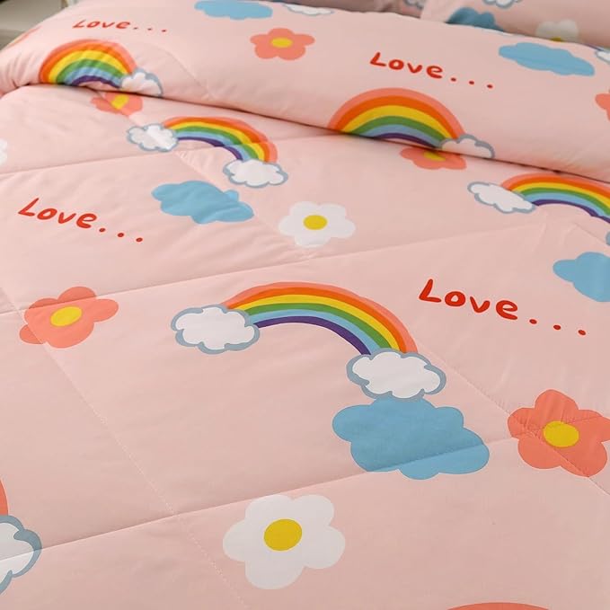 3PCS Rainbow Comforter Set Full, Cute Pink Full Size Flower Cloud and Rainbow Comforter Aesthetics, Super Soft and Comfort Microfiber, Kawaii Girls’ Bedroom Decor for Kids, Teens, Children, Women - LeafyLoom