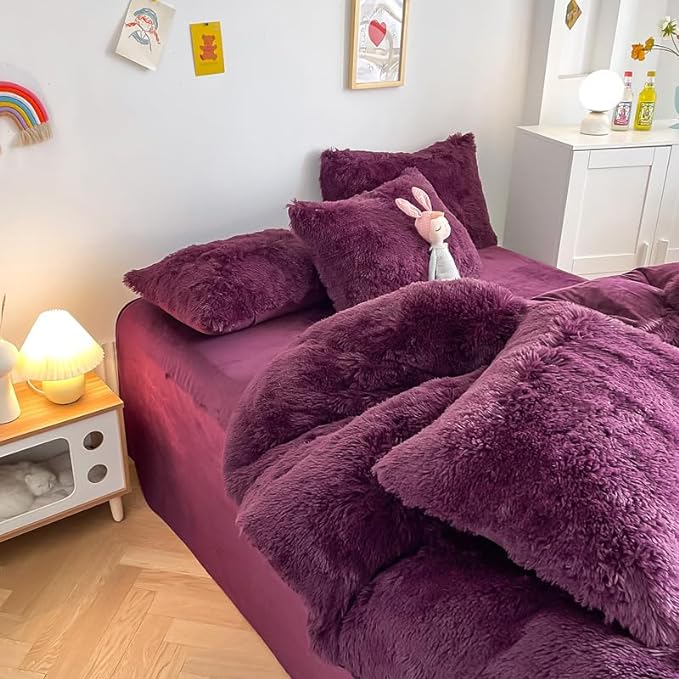 Faux Fur Kids Girls Grape Purple Comforter Sets Twin/Full - 3PC Bed Set Warm Comfortable Soft Plush Flannel Velvet Fluffy Fuzzy Bedding（Comforter x 1 Pillowcases x 2） - LeafyLoom