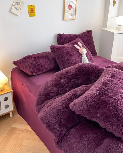 Faux Fur Kids Girls Grape Purple Comforter Sets King - 3PC Bed Set Warm Comfortable Soft Plush Flannel Velvet Fluffy Fuzzy Bedding（Comforter x 1 Pillowcases x 2） - LeafyLoom