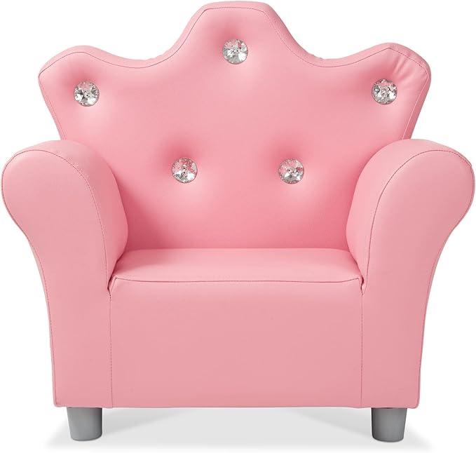 Melissa & Doug Pink Faux Leather Child’s Crown-Back Armchair (Kid’s Furniture) - Princess Chair For Toddlers, Children's Furniture, Pink Chair For Kids - LeafyLoom