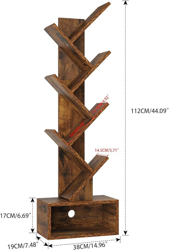 YMYNY 6 Tier Tree Bookshelf, Tall Bookcase, Wood Book Storage Rack with Drawer, Modern Floor Standing Book Shelf for Books/Movies/CDs, Utility Organizer for Living Room, Office, Rustic Brown UHBC016H - LeafyLoom
