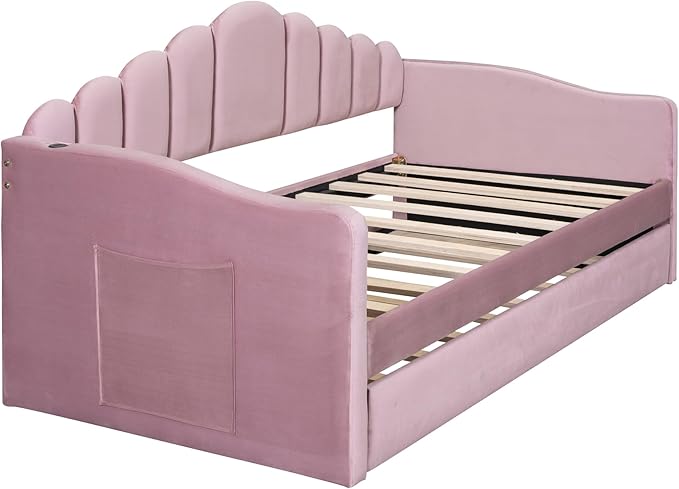 Twin Size Upholstered Daybed with Trundle and Striped Headboard, Velvet Sofa Bed w/USB Charging Ports & Side Pockets, for Bedroom Living Room, No Box-spring Needed, Pink - LeafyLoom