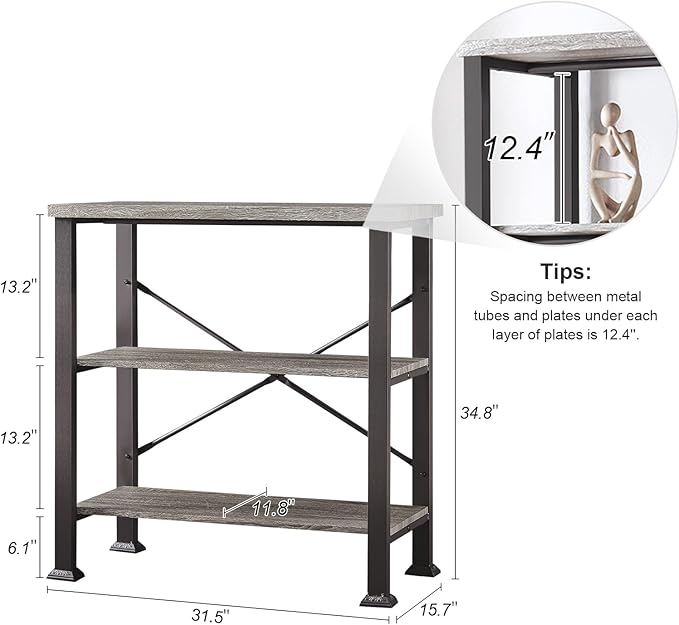 HOMBAZAAR Bookshelf, 3-Tier Vintage Industrial Book Shelf, Rustic Wood and Metal Bookcase and Bookshelves, Free Standing Storage Small Bookshelf for Living Room, Bedroom and Kitchen, Grey Oak - LeafyLoom