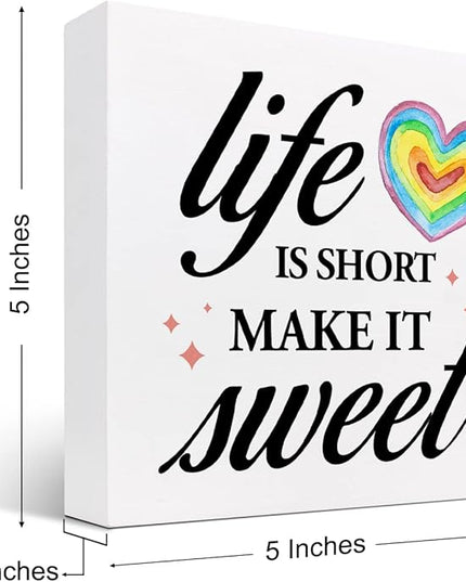 Life Is Short Make It Sweet Sign,Inspirational Quote Wood Box Sign,Motivational Signs Wooden Block Rainbow Decorations for Home Office Shelf Decor - LeafyLoom