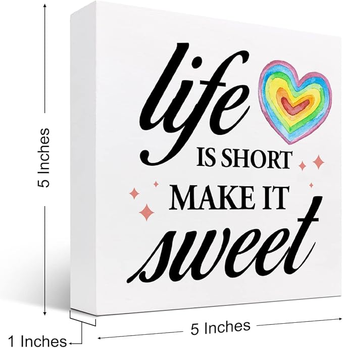Life Is Short Make It Sweet Sign,Inspirational Quote Wood Box Sign,Motivational Signs Wooden Block Rainbow Decorations for Home Office Shelf Decor - LeafyLoom