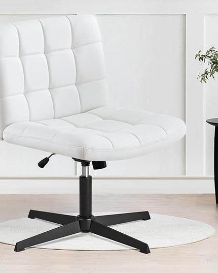 Furniliving Office Desk Chair No Wheels, Criss Cross Legged Office Desk Chair Height Armless Adjustable Wide Home Chair with Mid Back PU-Padded Swivel Accent Vanity Chairs,White - LeafyLoom