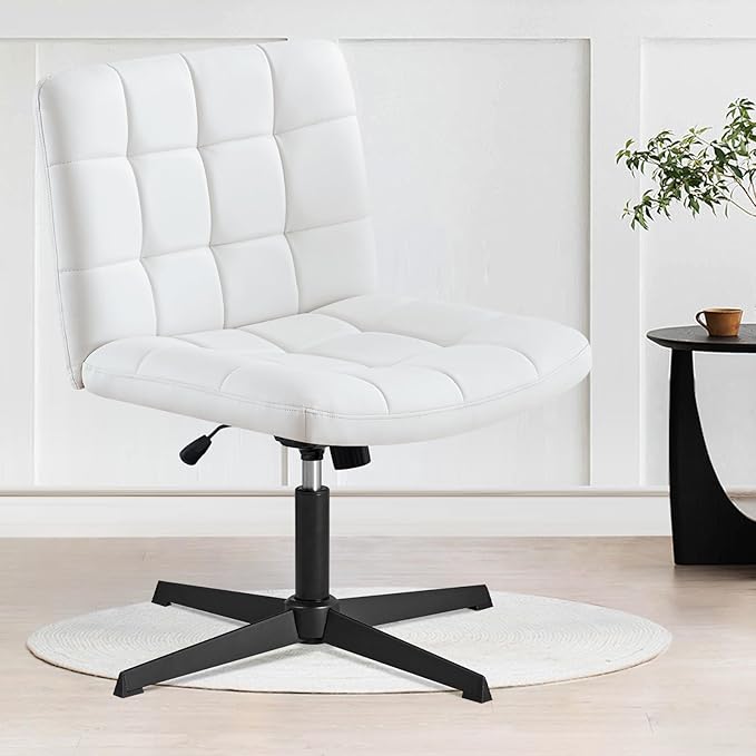 Furniliving Office Desk Chair No Wheels, Criss Cross Legged Office Desk Chair Height Armless Adjustable Wide Home Chair with Mid Back PU-Padded Swivel Accent Vanity Chairs,White - LeafyLoom