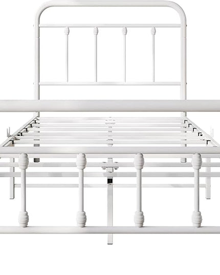 Vintage Twin Size Bed Frame with Headboard and Footboard Mattress Heavy Duty Metal Platform Bed Frame Steel Slat Support (Twin, White) - LeafyLoom