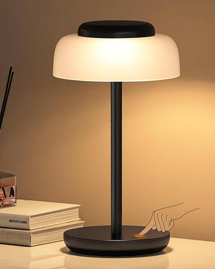 QiMH Battery Operated LED Table Lamp, 5000mAh Waterproof Cordless Desk Lamp with 3 Level Brightness Touch Control, Mini Rechargeable Night Light for Living Room, Bedroom, Outdoor bar (Black) - LeafyLoom