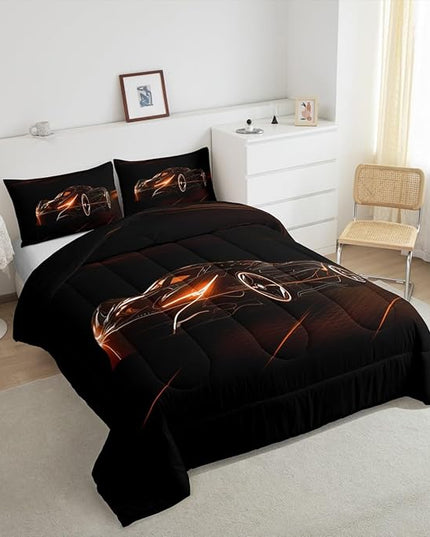 Feelyou Orange Race Car Bedding Set King Size for Kids Boys Extreme Sport Games Comforter Set Teens Toddler Fast and Furious Duvet Set Cool Modern Quilt Set 3Pcs - LeafyLoom