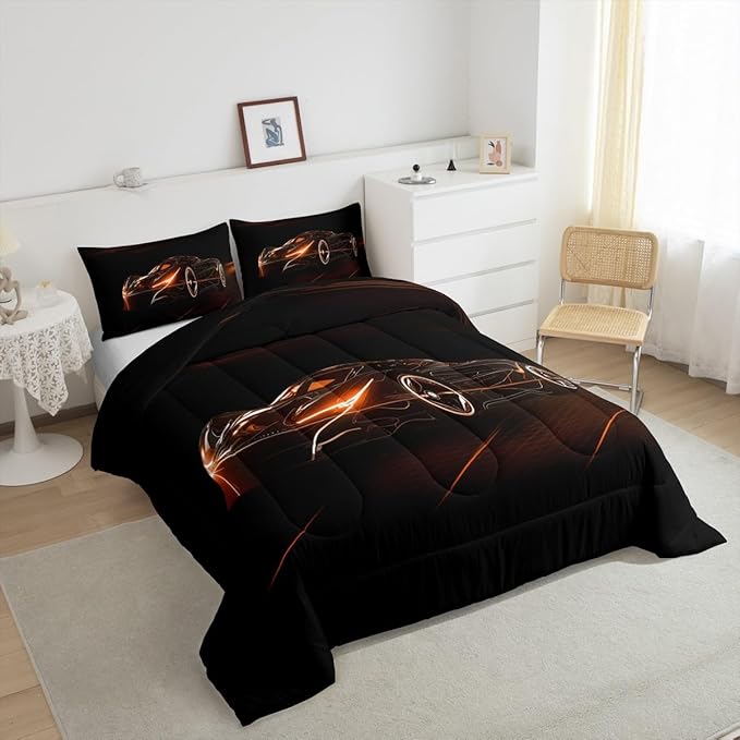 Feelyou Orange Race Car Bedding Set King Size for Kids Boys Extreme Sport Games Comforter Set Teens Toddler Fast and Furious Duvet Set Cool Modern Quilt Set 3Pcs - LeafyLoom