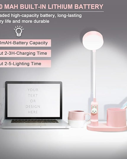 Pink Kids Desk Lamp with Pen holder, Rabbit cute LED Desk/Table Lamp with Dimmable Natrue Light, USB rechargeable and Funny projector, Small Bedside lamp, LED lamp for girls Bedrooms - LeafyLoom