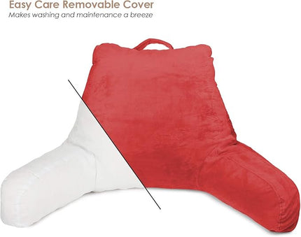 Clara Clark Reading Pillow for Kids, Small Back Pillow for Sitting Up in Bed, Memory Foam Back Support Pillow, Reading Pillows for Sitting in Bed, Red Gaming Pillow for Bed Chair with Arms and Pockets - LeafyLoom