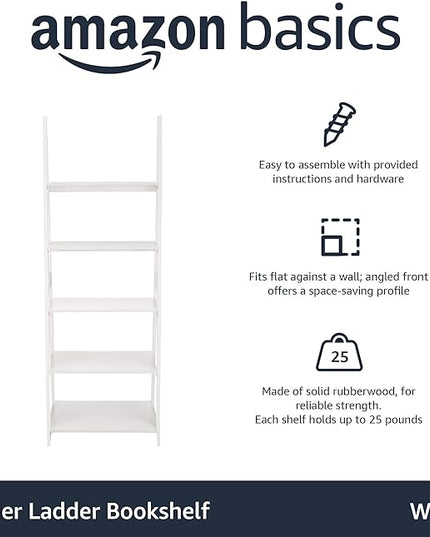 Amazon Basics Modern 5-Tier Ladder Bookshelf Organizer, Solid Rubberwood Frame, White, 14 D x 24.8 W x 70.1 H in - LeafyLoom