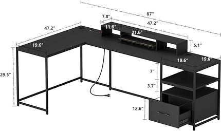 L Shaped Desk - 87" L Shaped Gaming Desk with Power Outlet & Monitor Shelf, Home Office Corner Computer Desk with Printer Shelf & File Drawer, Black - LeafyLoom