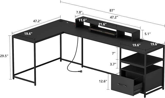 L Shaped Desk - 87" L Shaped Gaming Desk with Power Outlet & Monitor Shelf, Home Office Corner Computer Desk with Printer Shelf & File Drawer, Black - LeafyLoom