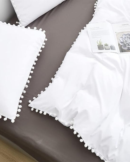 White Twin Comforter Girls Pom Comforter White Twin Bedding Set Boys 3 PCs Soft White Ball Pom Fringe Comforter Set 1 Twin Comforter (68x90 inches) with 2 Pillowcases (20x26 inches) - LeafyLoom