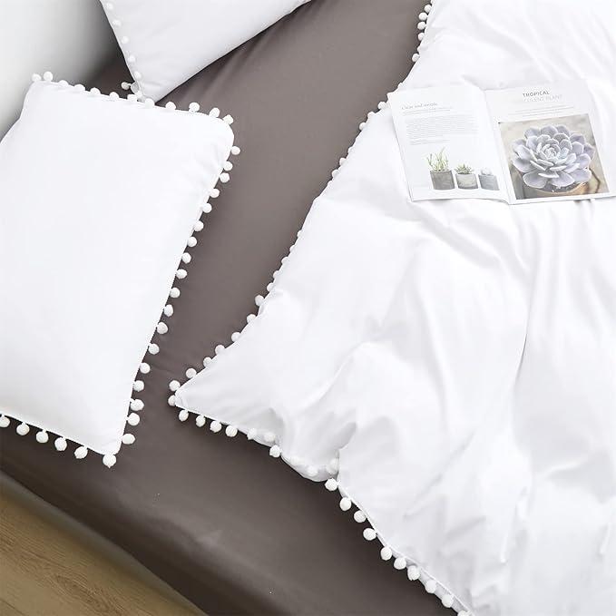 White Twin Comforter Girls Pom Comforter White Twin Bedding Set Boys 3 PCs Soft White Ball Pom Fringe Comforter Set 1 Twin Comforter (68x90 inches) with 2 Pillowcases (20x26 inches) - LeafyLoom