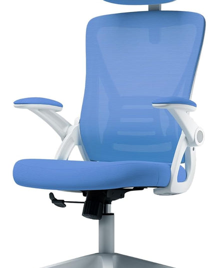Ergonomic Office Chair, Mid Back Desk Chair with Adjustable Height, Swivel Chair with Flip-Up Arms and Lumbar Support, Breathable Mesh Computer Chair with Headrest (White and Blue) - LeafyLoom
