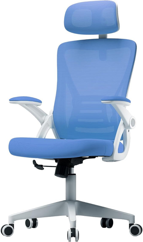 Ergonomic Office Chair, Mid Back Desk Chair with Adjustable Height, Swivel Chair with Flip-Up Arms and Lumbar Support, Breathable Mesh Computer Chair with Headrest (White and Blue) - LeafyLoom