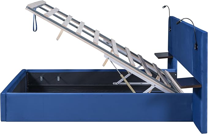 Queen Size Storage Upholstered Hydraulic Platform Shelves, Modern Velvet Fabric Bed Frame W/ 2 Lights and USB Port,No Box Spring Required,for Bedroom, Apartment,Blue - LeafyLoom