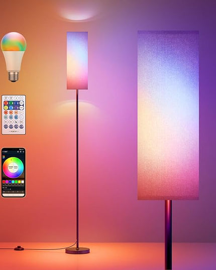 Floor Lamps for Living Room, Modern Floor Lamp with RGB LEDs Bulb,Dimmable Floor Lamp with App Control & Remote Control,Tall Reading Lamp for Bedroom, Living Room, Office,Gray Lampshade - LeafyLoom