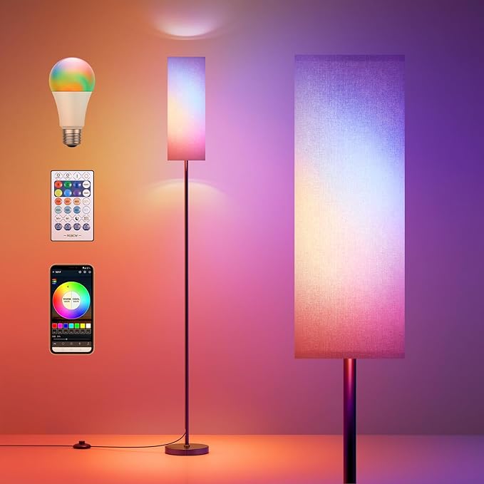 Floor Lamps for Living Room, Modern Floor Lamp with RGB LEDs Bulb,Dimmable Floor Lamp with App Control & Remote Control,Tall Reading Lamp for Bedroom, Living Room, Office,Gray Lampshade - LeafyLoom
