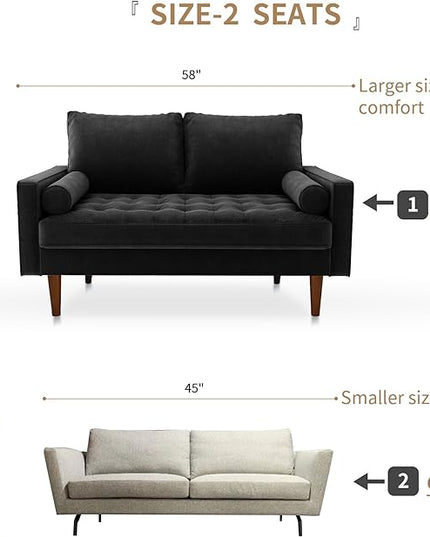 Velvet Furniture for Small Spaces, Mid-Century Modern Loveseats for Living Room, Love Seat Couch Sofas, 58 Inches, Black - LeafyLoom