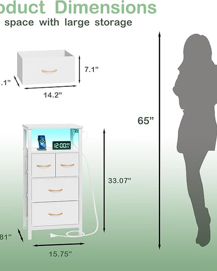 Furnulem 4 Drawer Dresser with Led Light and Charging Station, White Night Stand with Storage Shelf and Fabric & PVC Drawer, 33 Inch Bedside Table, Tall Nightstand for Entryway, Bedroom Furniture - LeafyLoom