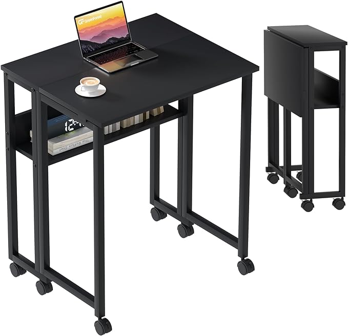 GreenForest Folding Desk Small Rolling Desk with Storage Shelf,31.5 inch Foldable Computer Desk with Wheels for Small Space,Easy Assembly,Black - LeafyLoom