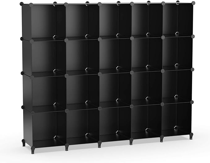 HOMIDEC 20-Cube Black Cube Storage Organizer, Modular Storage Shelf with Hammer, Cube Storage Bin Cabinet Closet Bookshelf for Living Room, Bedroom, Office, Each Cube Size 11.8 x 11.8 inch - LeafyLoom
