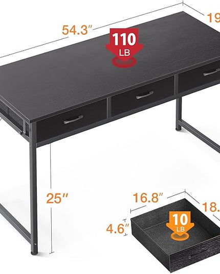 ODK 55 Inch Computer Desk with 3 Cloth Drawers for Home Office, Vanity Desk with Storage and Hook for Bedroom, Work Desk, Study Writing Table, Black - LeafyLoom