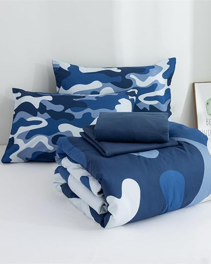 Meeting Story Camouflage Bedding Set, Colorful Pattern Style Comforter Set, 5 PCS One Comforter Two Pillowcases Two Sheets in One Bag, All Season Bedspread for Teens Adults (Navy,Queen 5Pcs) - LeafyLoom