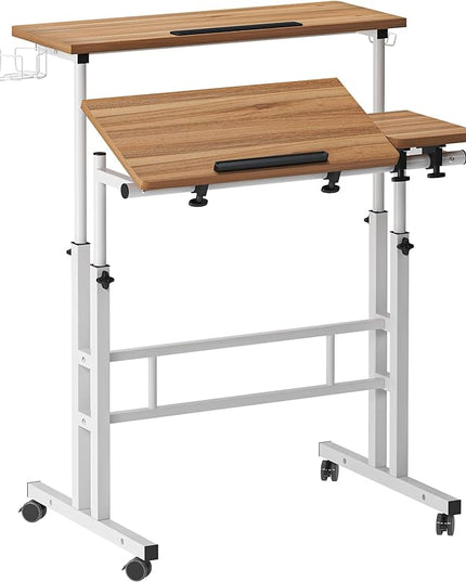 soges Rolling Standing Desk, Height Adjustable Home Office Desk, Mobile Sit-Stand Laptop Desk with Cup Holder and Hook, Portable Desk with Wheels, Oak - LeafyLoom