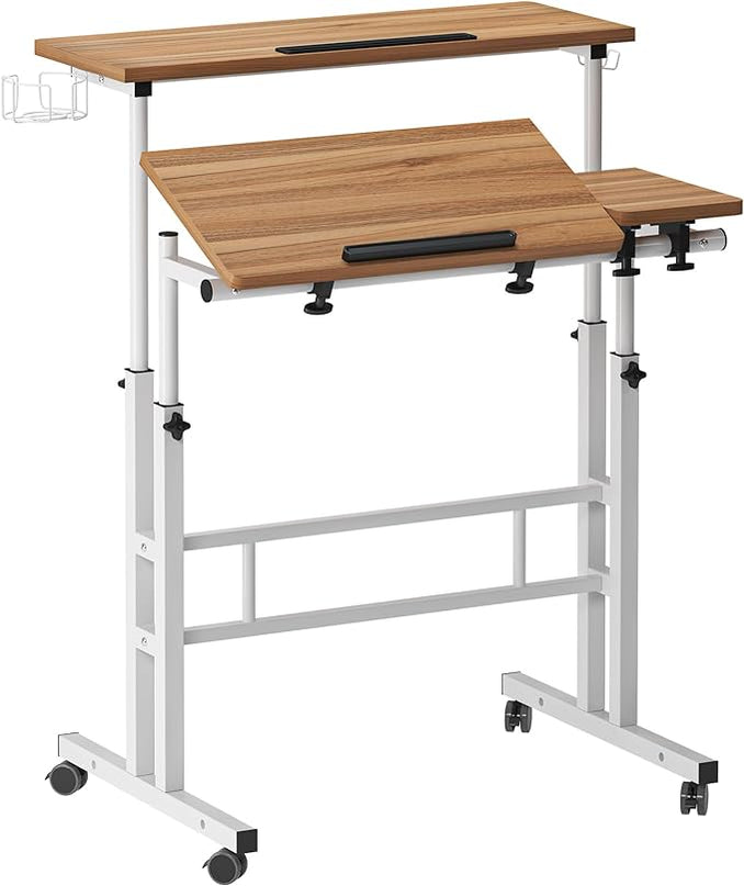 soges Rolling Standing Desk, Height Adjustable Home Office Desk, Mobile Sit-Stand Laptop Desk with Cup Holder and Hook, Portable Desk with Wheels, Oak - LeafyLoom