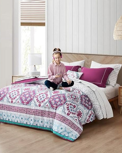 Degrees of Comfort Twin Complete Comforter Sets, Lattice Boho Bed in A Bag,Microfiber Bedding Set with Side Pockets, Matching Decorative Pillow, 6 Piece Purple - LeafyLoom