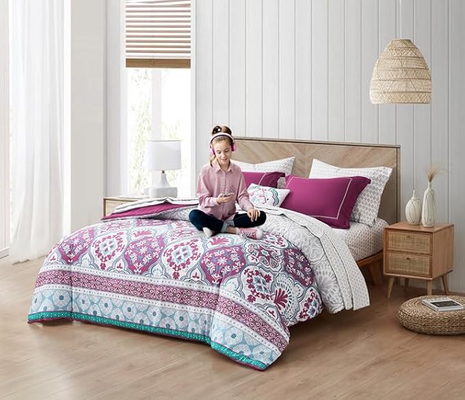 Degrees of Comfort Twin Complete Comforter Sets, Lattice Boho Bed in A Bag,Microfiber Bedding Set with Side Pockets, Matching Decorative Pillow, 6 Piece Purple - LeafyLoom