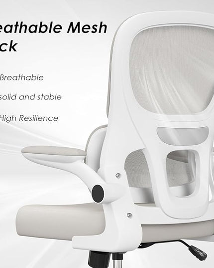 Soohow Ergonomic Home Office Chair, Mesh Desk Chair with Lumbar Support, Comfy Computer Desk Chair with Flip Armrest Rolling Wheels, Khaki. - LeafyLoom