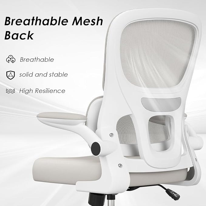 Soohow Ergonomic Home Office Chair, Mesh Desk Chair with Lumbar Support, Comfy Computer Desk Chair with Flip Armrest Rolling Wheels, Khaki. - LeafyLoom