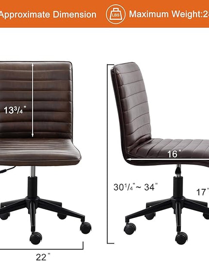 Furniliving Leather Home Office Chair, Armless Vanity Desk Task Chair with Wheels 360° Swivel Computer Rolling Desk Chair with Back, Adjustable Accent Chair with Gold Metal Base Stool - LeafyLoom
