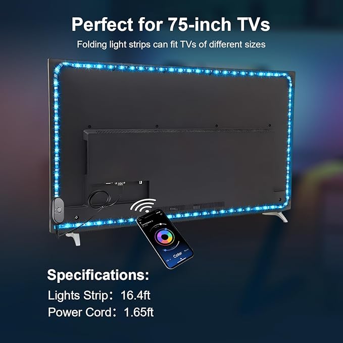 Nexillumi LED Lights for TV, 16.4 ft TV LED Backlight for 55-75 Inch, RGB LED Strip Lights Behind TV with APP Remote Control, Music Sync Smart Led Ambient Lighting for Bedroom Gaming Room Decor Nexillumi
