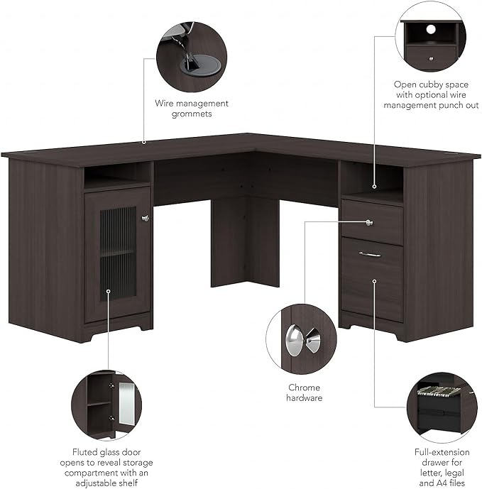 Bush Furniture Cabot L Shaped Computer Desk in Heather Gray | Corner Table with Drawers for Home Office - LeafyLoom