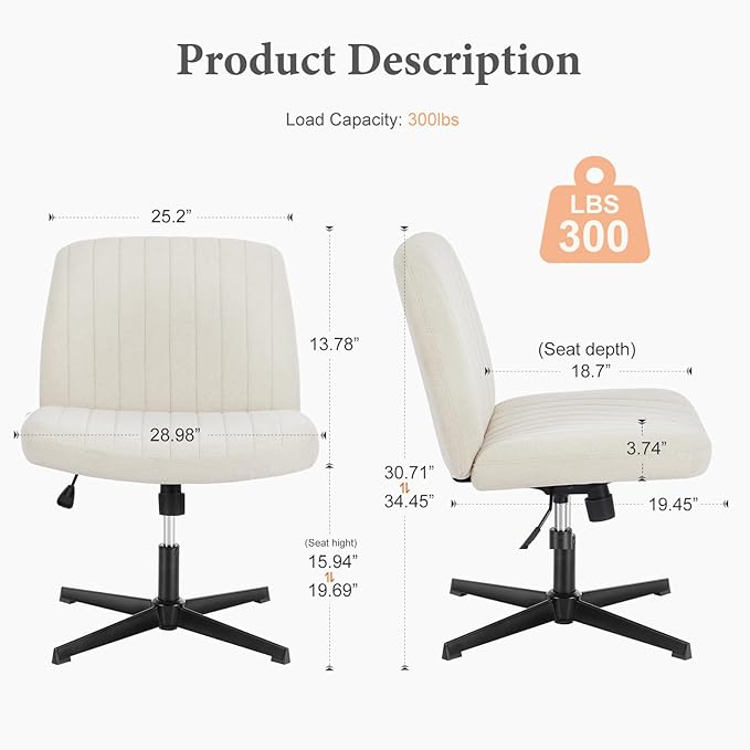 Sweetcrispy Criss Cross Chair Legged, Armless Office Desk Chair No Wheels, Swivel Vanity Chair, Height Adjustable Wide Seat Computer Task Chair, Fabric Vanity Modern Home Chair Beige - LeafyLoom